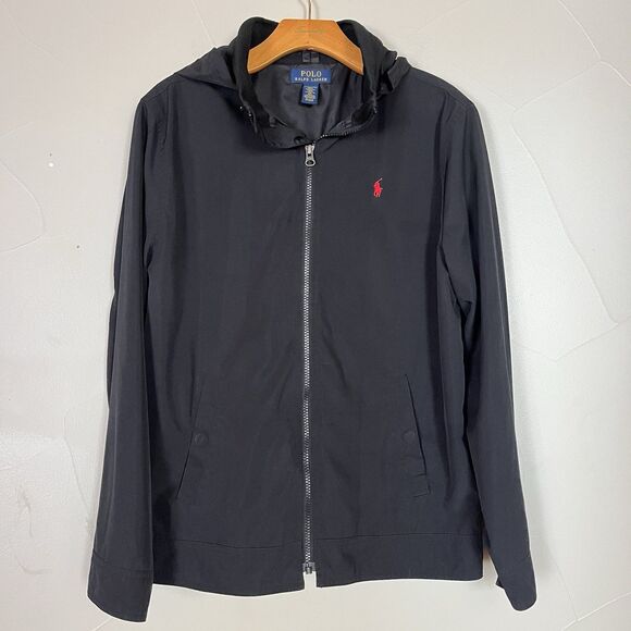 Polo Ralph Lauren Jacket Youth XL Black Performance Windbreaker Hooded Full Zip - Picture 1 of 11